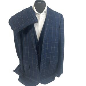 Steven Land Suit 3 Piece 44L‎ 36x30 Blue Henry Windowpane Plaid Dressy
